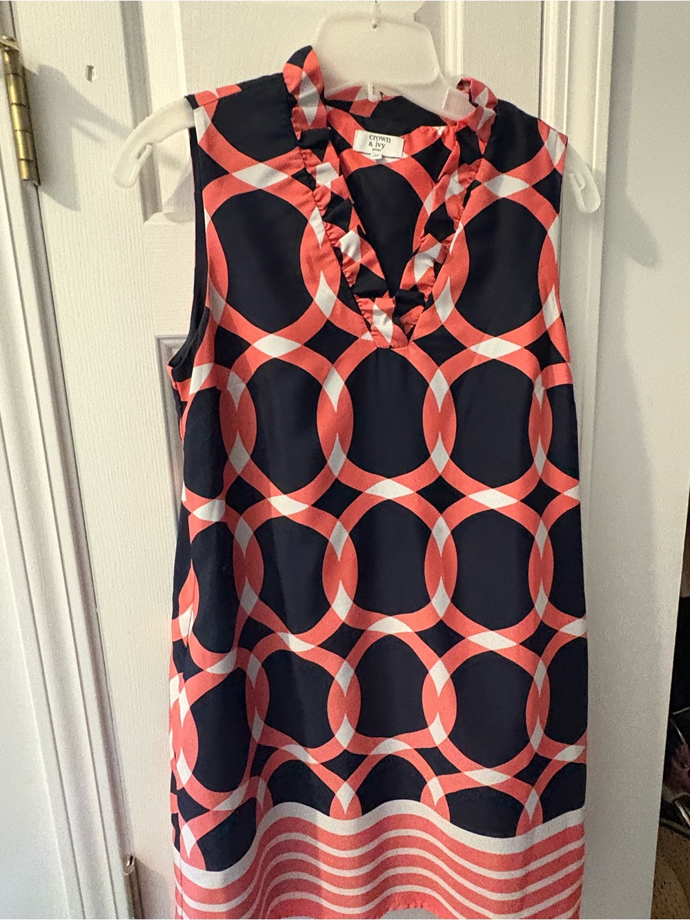 crown & ivy Navy and Coral Geometric Ruffle V-Neck Midi Dress